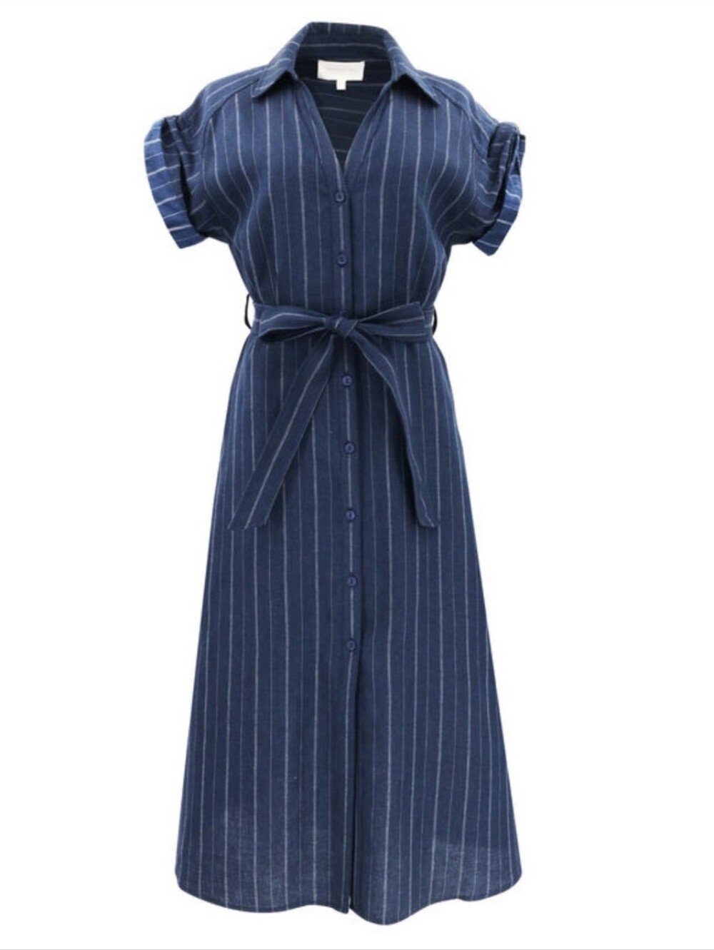 Brochu Walker The Fia Belted Midi Dress In Linen Cotton Navy Pinstripe